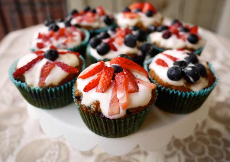 4th of July Menu: Cherry-Vanilla Muffins w/ Whipped Cream & Berries (paleo, GF)| Perchance to Cook, www.perchancetocook.com