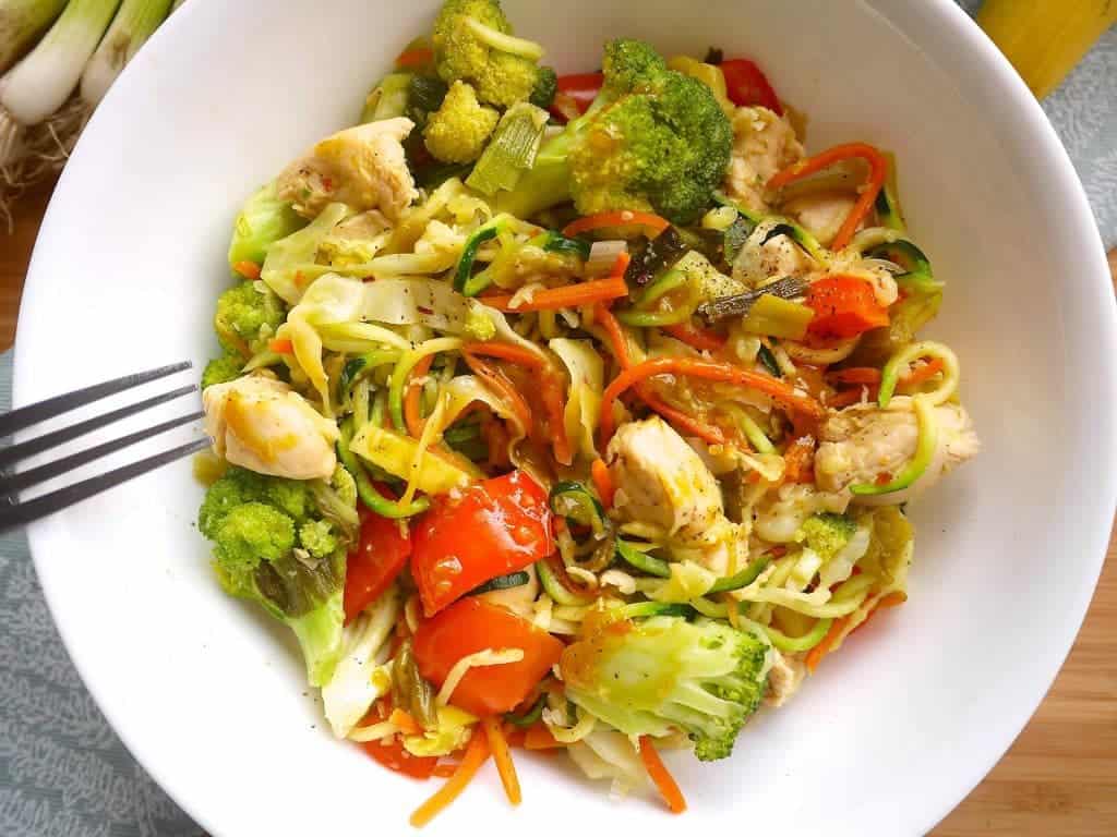Zoodle stir fry in a bowl.