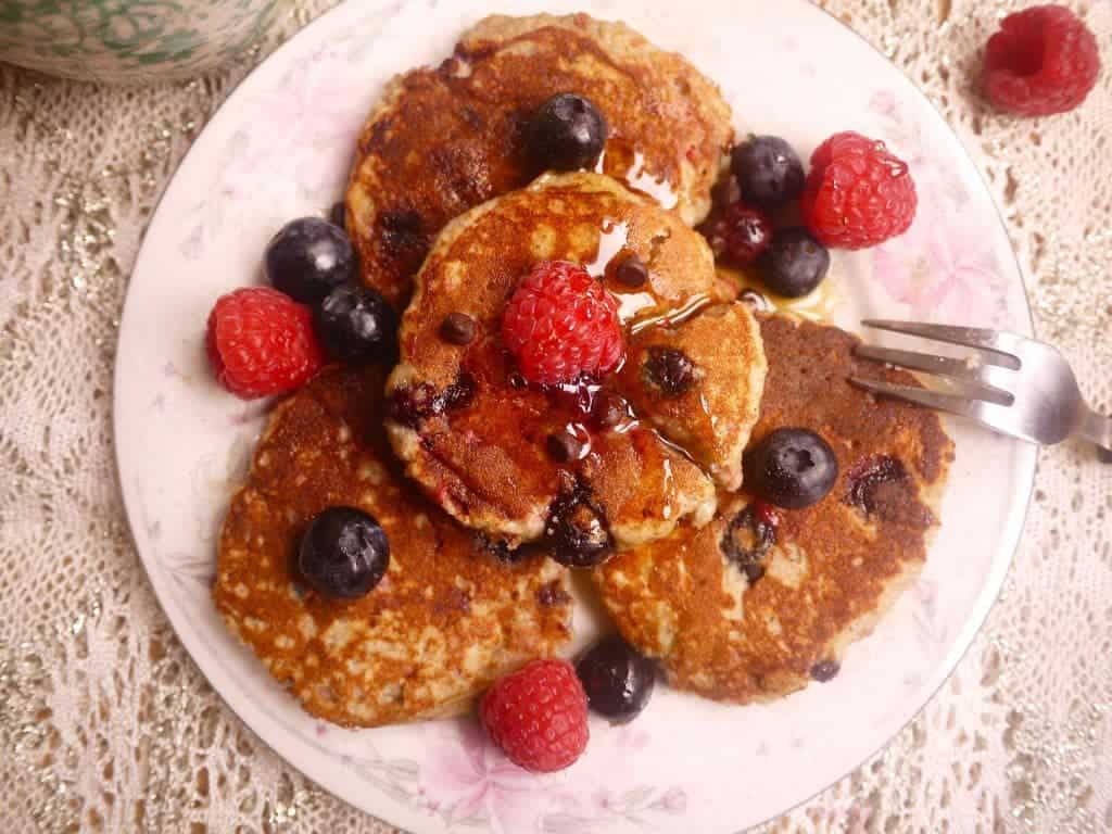 Raspberry, Blueberry, and Chocolate Chip Paleo Pancakes (GF)- the BEST Paleo pancakes around :) | Perchance to Cook, www.perchancetocook.com