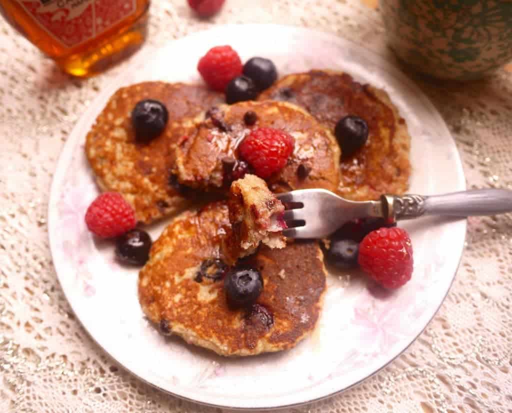 Raspberry, Blueberry, and Chocolate Chip Paleo Pancakes (GF)- the BEST Paleo pancakes around :) | Perchance to Cook, www.perchancetocook.com